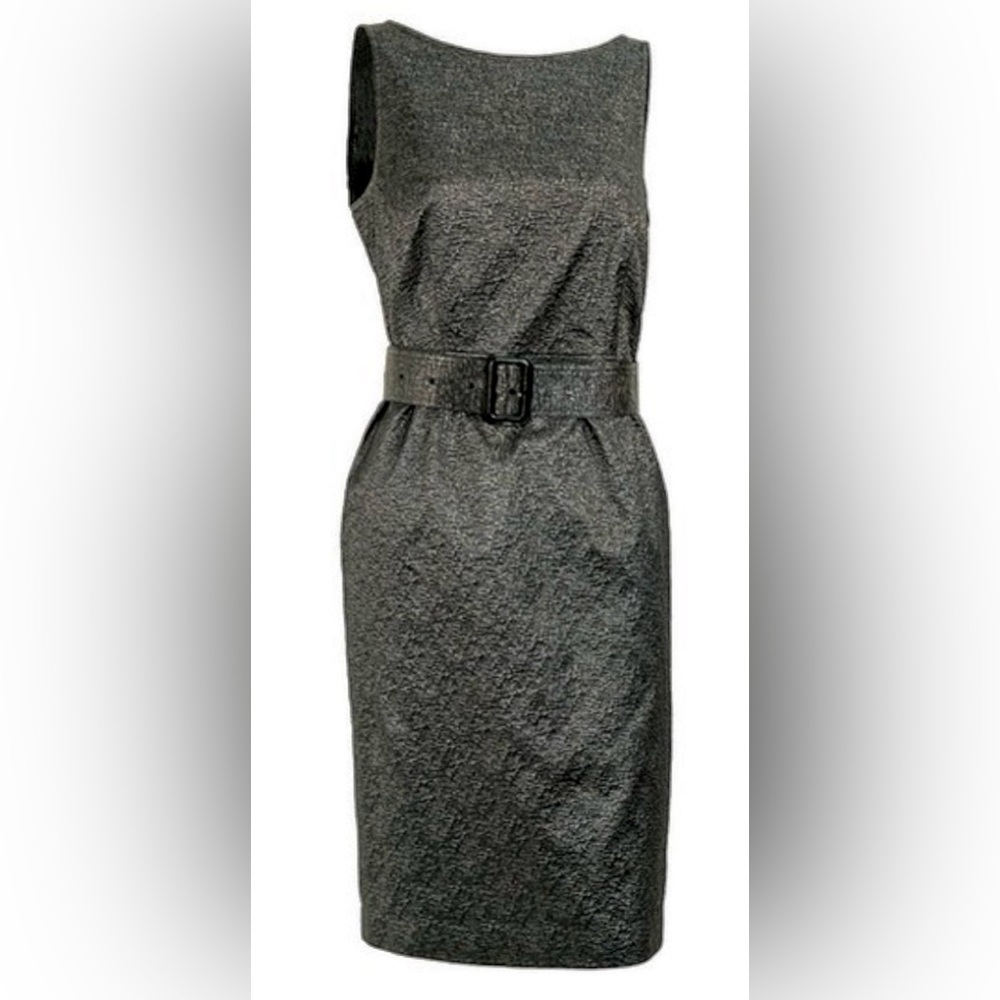 Burberry London Sleeveless Belted Textured Black Metallic Belted Sheath Dress